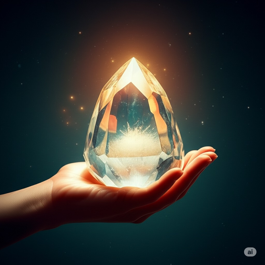 A hand holding out a bright luminous teardrop