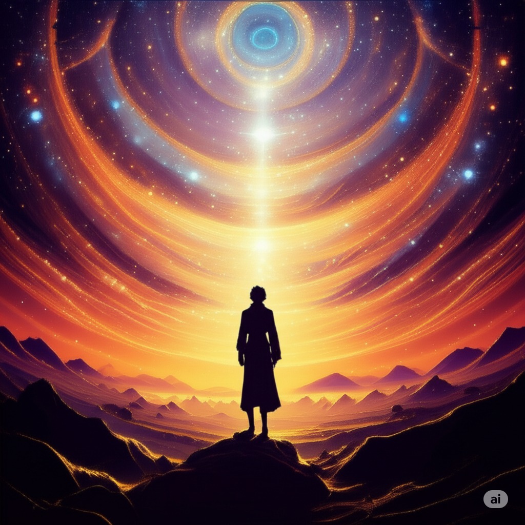 A person standing beneath the bright sun in a cosmic desert