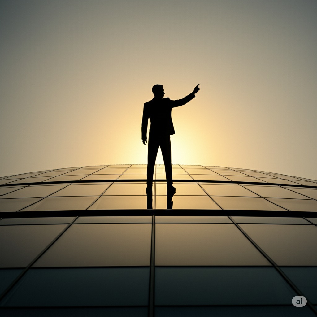 A shadow figure pointing towards the sunset