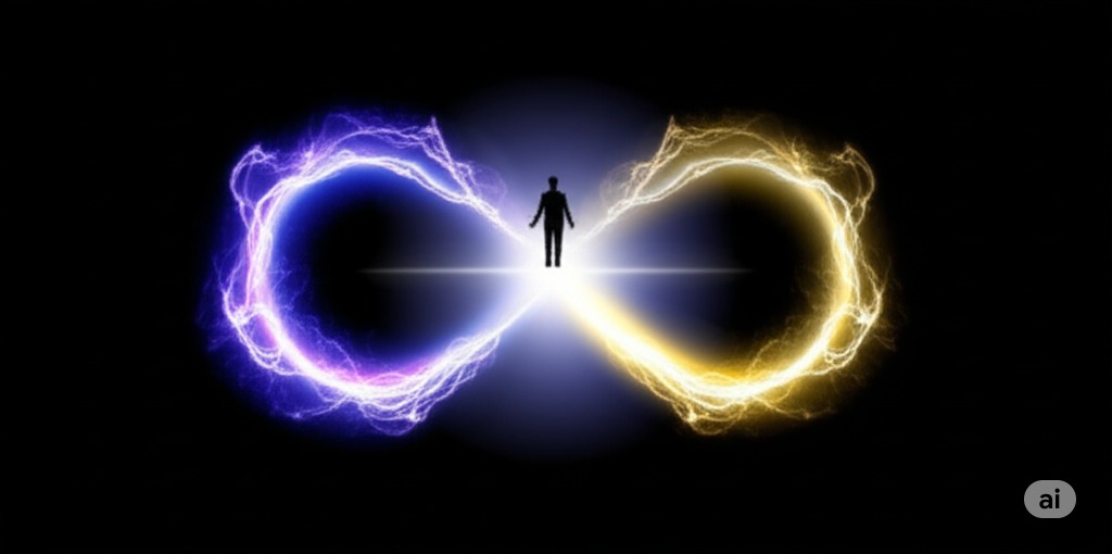 An infinity symbol in the galaxy with a shadowy figure in the middle