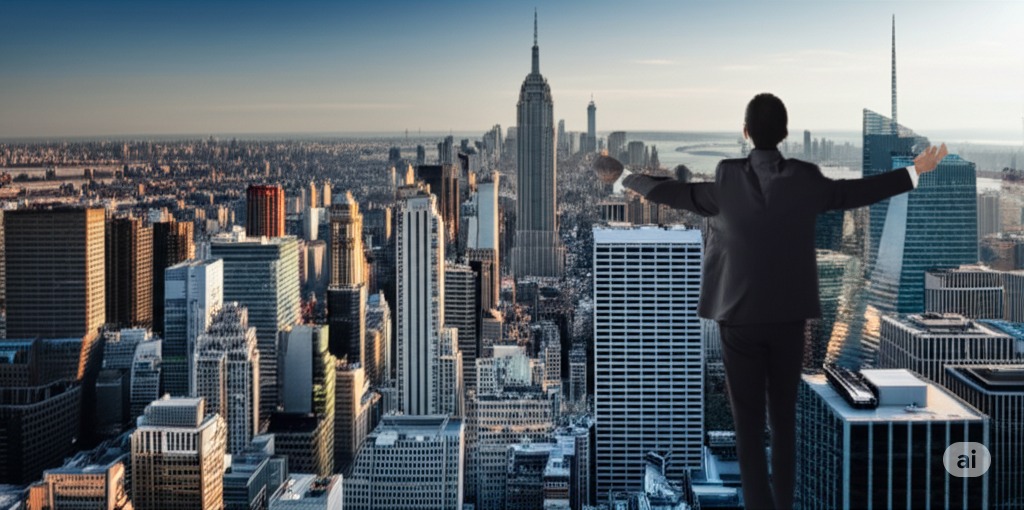 A man at the top of a skyscrapper, with the city view on the horizon holding out his arms