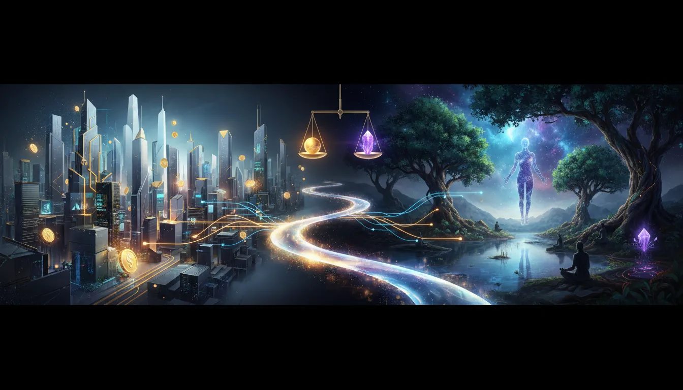 Flowing spiritual current interweaves with material growth, achieving balance.