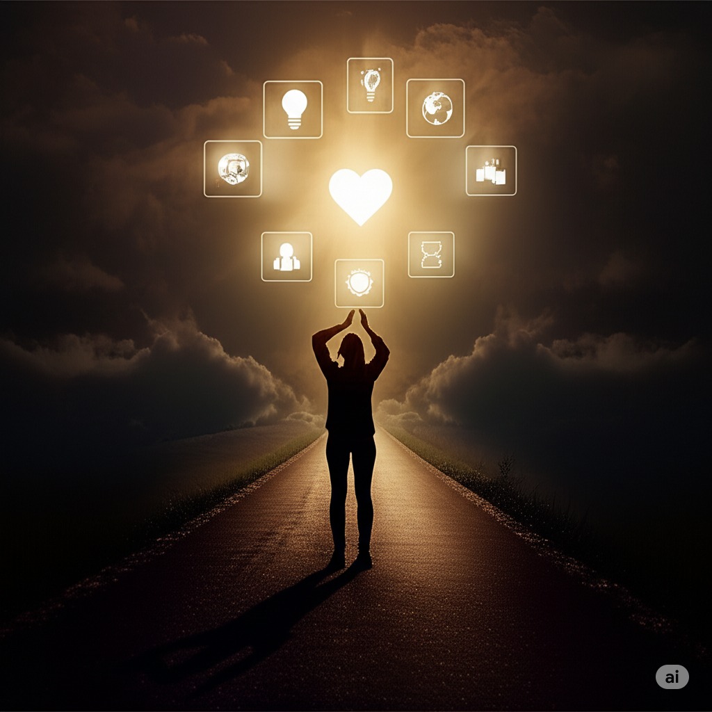 A person holding up gold glowing symbols