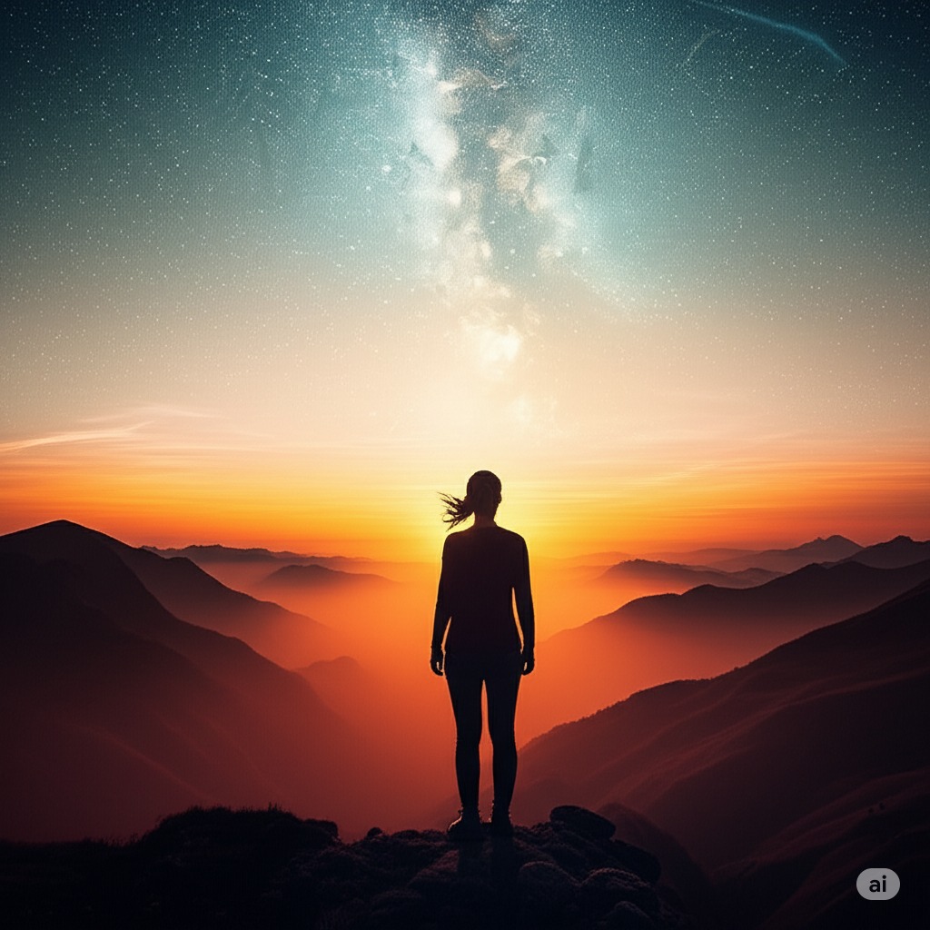 A woman's shadow staring at the sunset in the desert