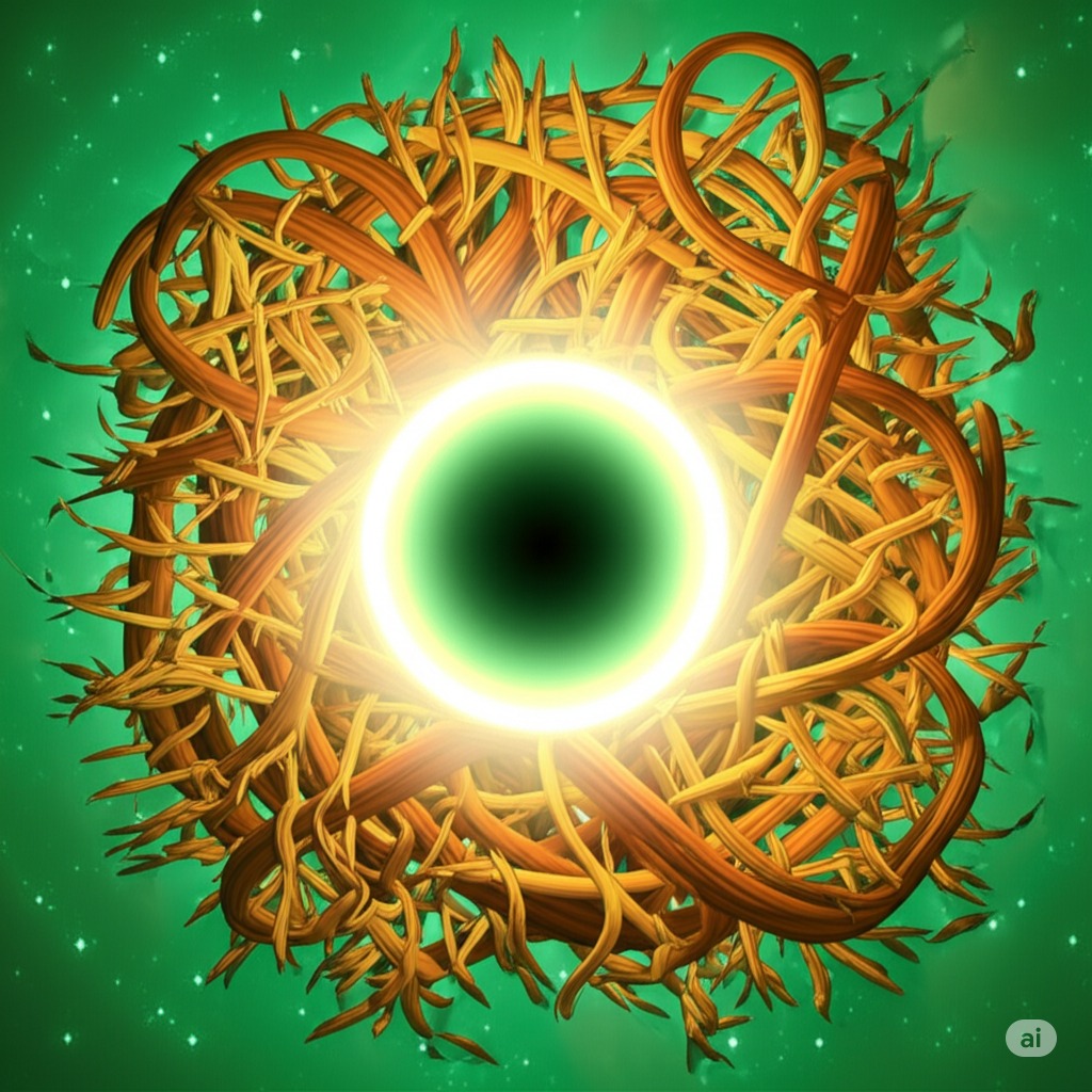 A green nebula surrounded by brown branches and thorns