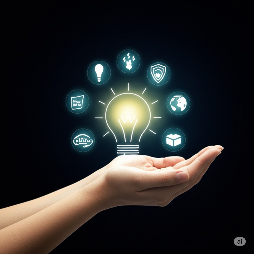 A hand holding out a bright lightbulb with different ideas around it