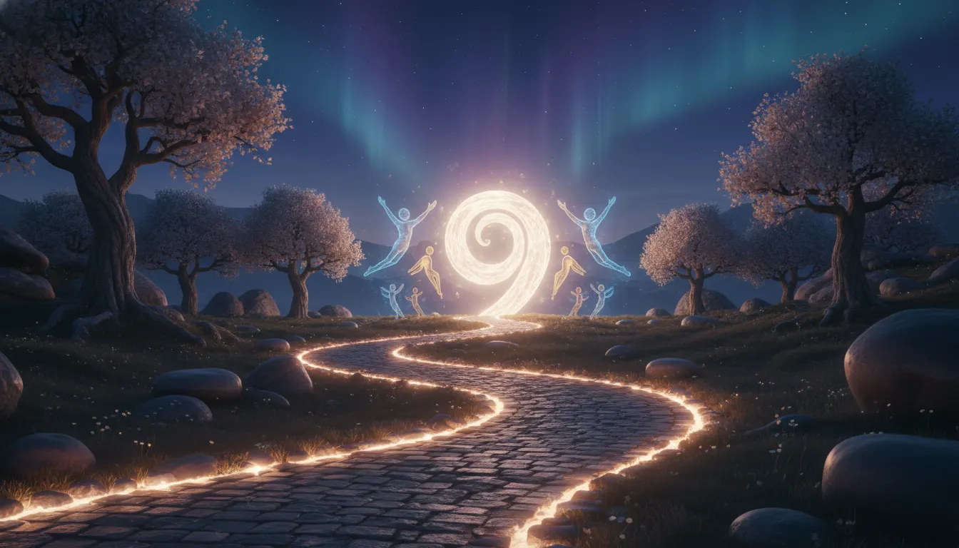 Radiant number 9 shining as an enduring light on a completed life path.