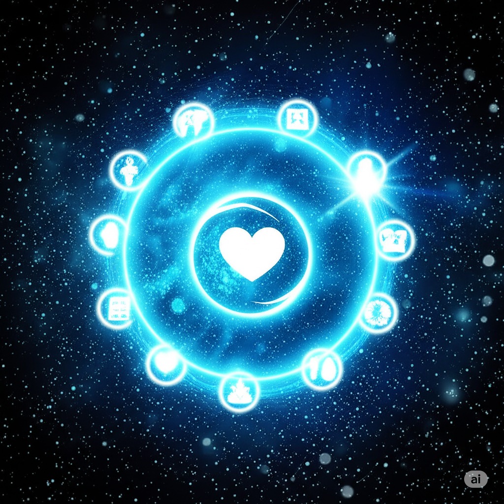 A large blue glowing heart in the center of the galaxy surrounding by other blue symbols