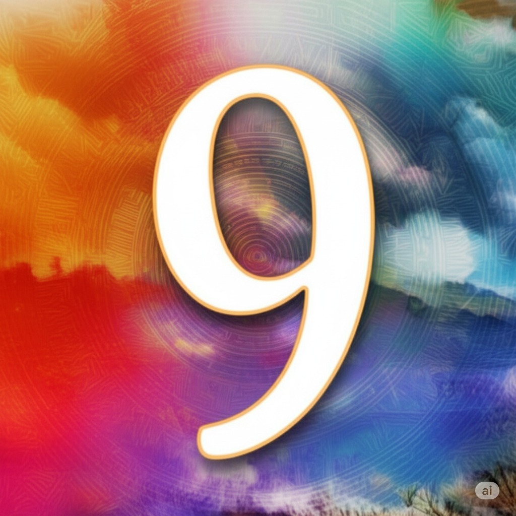 A trippy rainbow background with a large 9 in the center