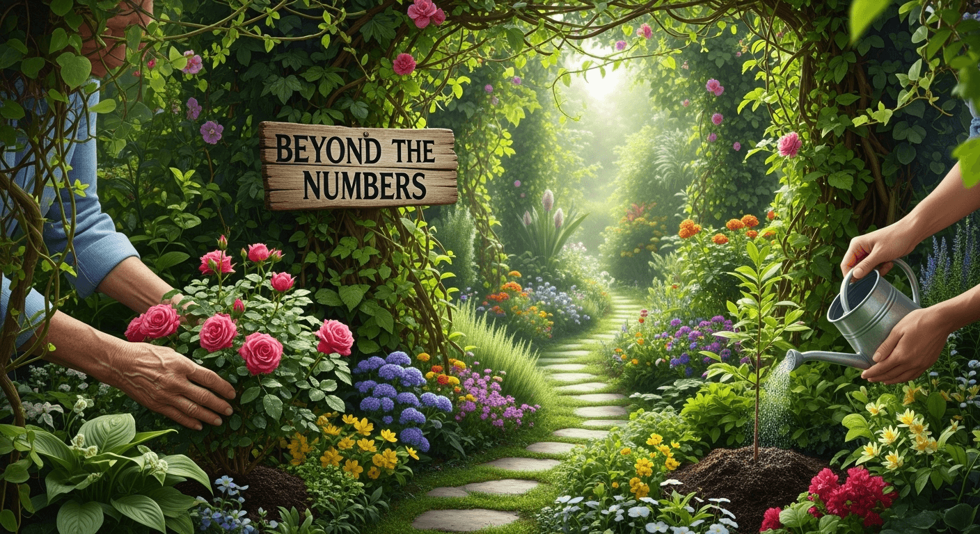 A bright botanical garden with two people planting and caring for different plants in the garden