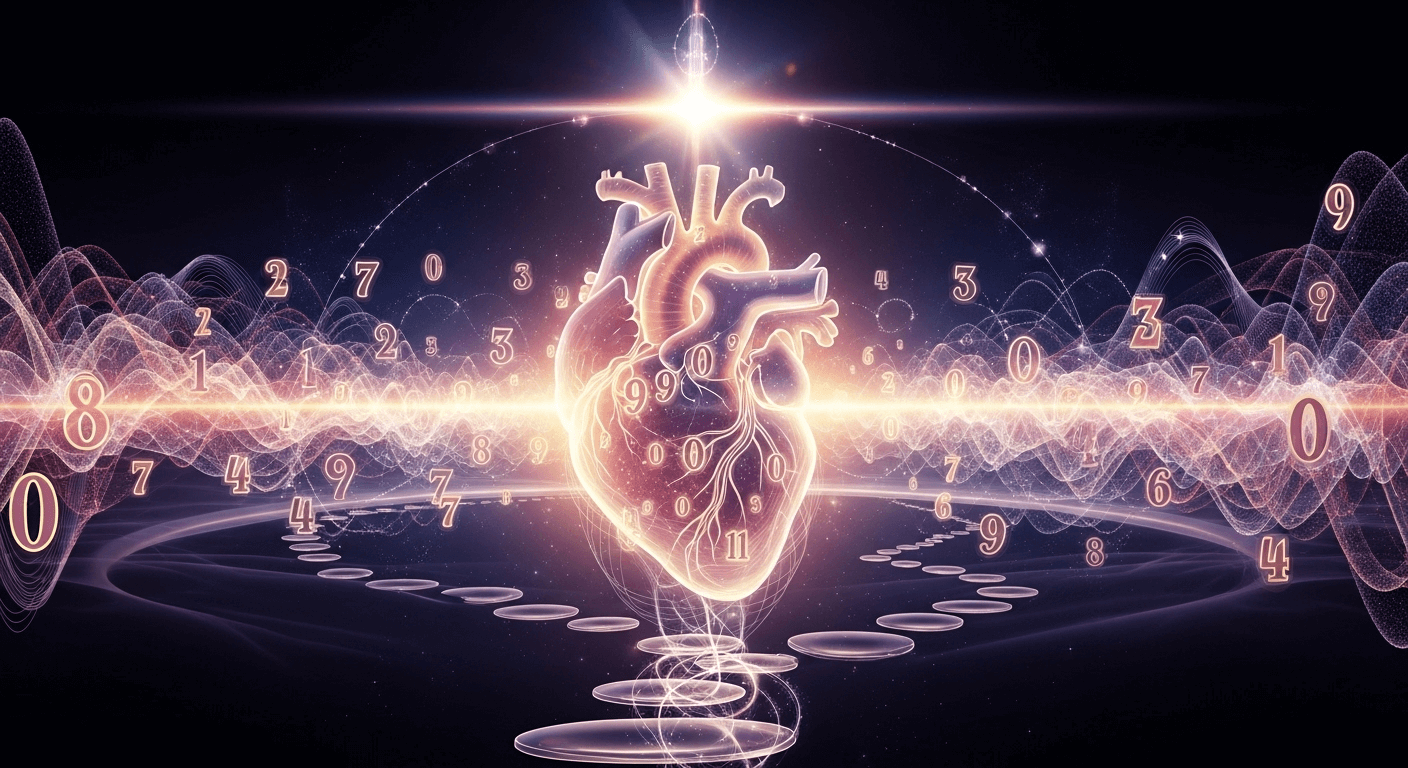 An enlighted view of outer space with numbers flowing and the human heart at the center