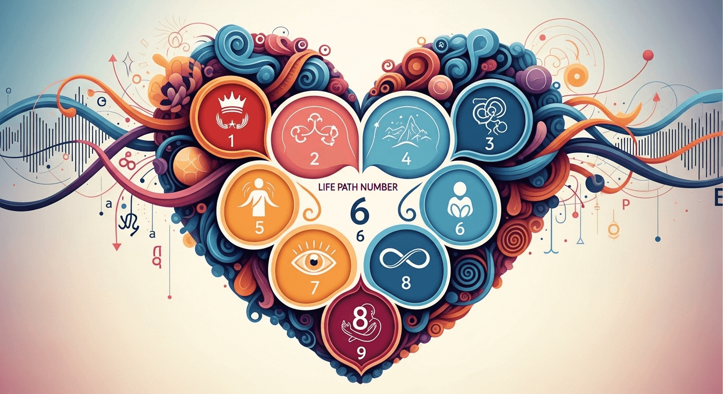 An abstract image of a heart with various numbers around the center for each life path and with number 6 directly in the center