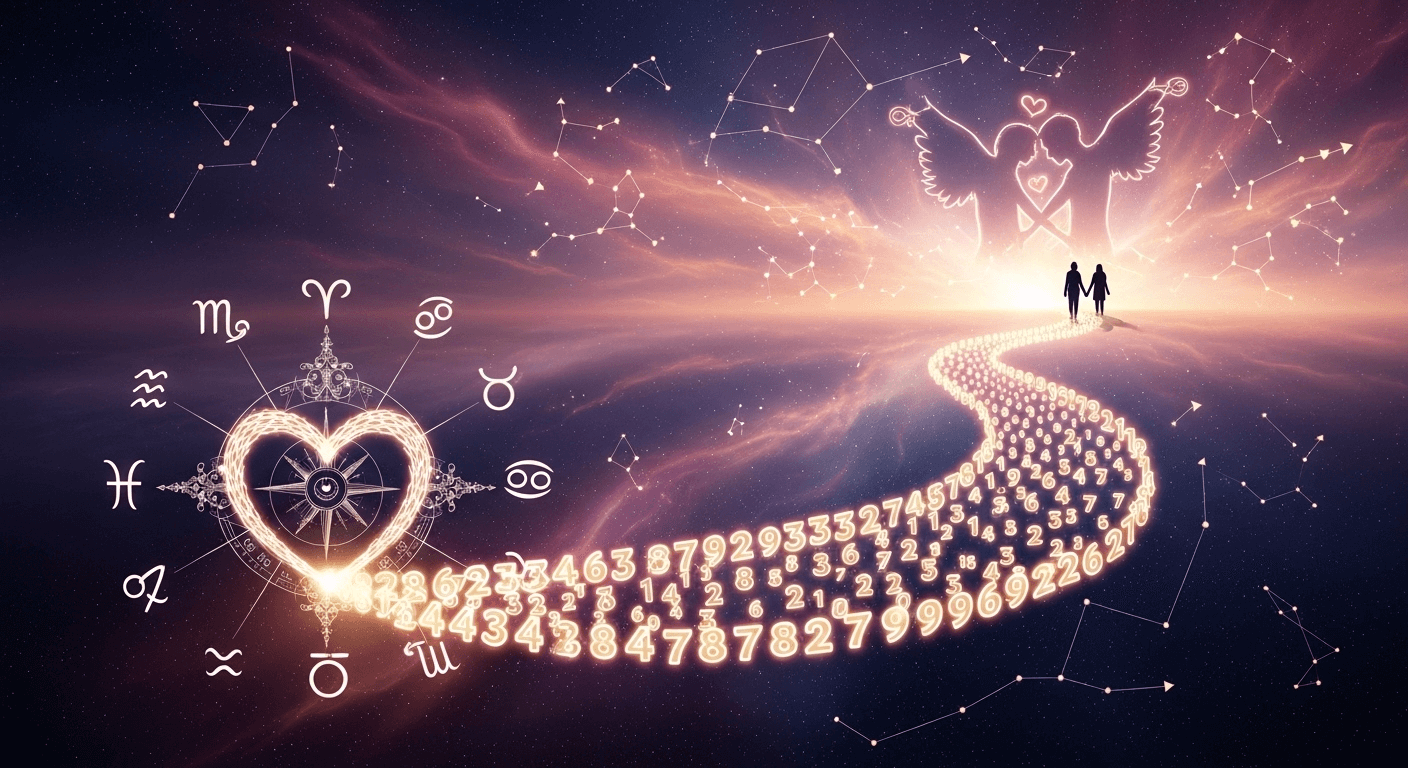 A purple galaxy with a pathway filled with bright numbers that has two shadow beings at the end