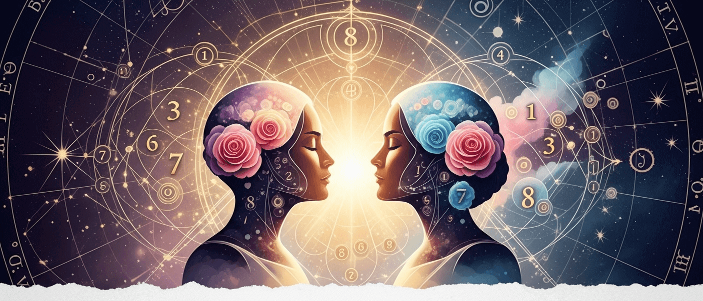 Two humonoid figures looking at each others with their eyes closed, surrounded by light and numbers in the cosmos