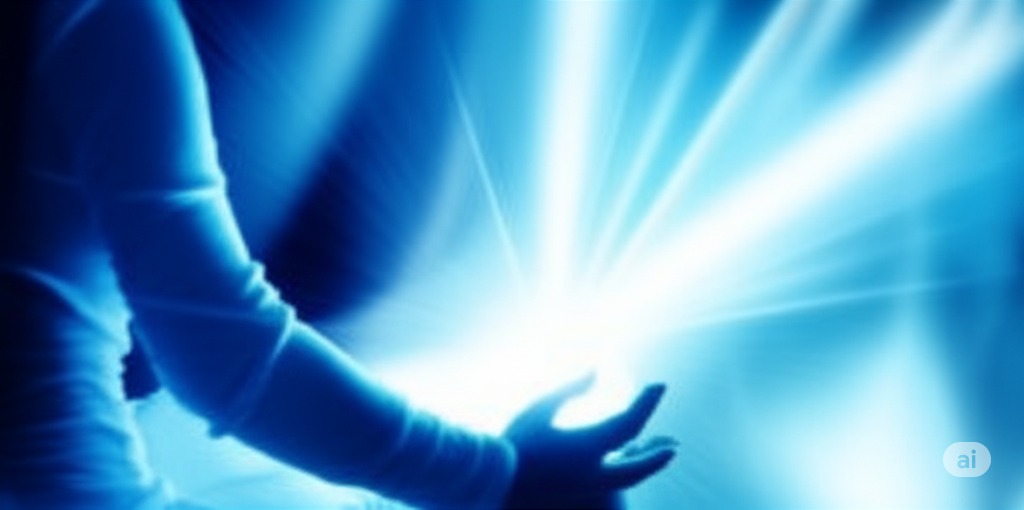 A person in front of a bright blue energy ray