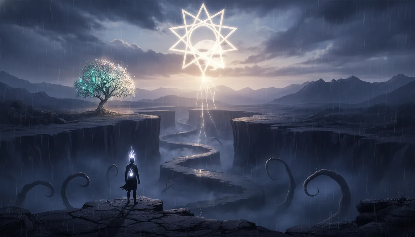 Person navigating a dark, foggy path towards a faint, hopeful light.