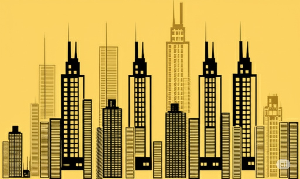 A illistrated skyline of buildings with a yellow background