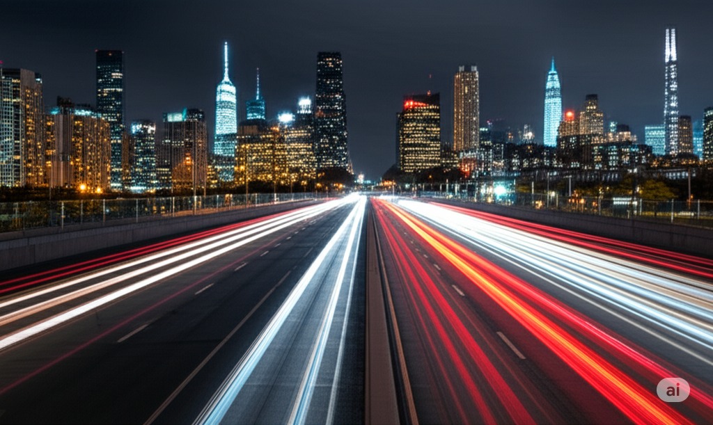 A series of time lapsed lights in a city at night