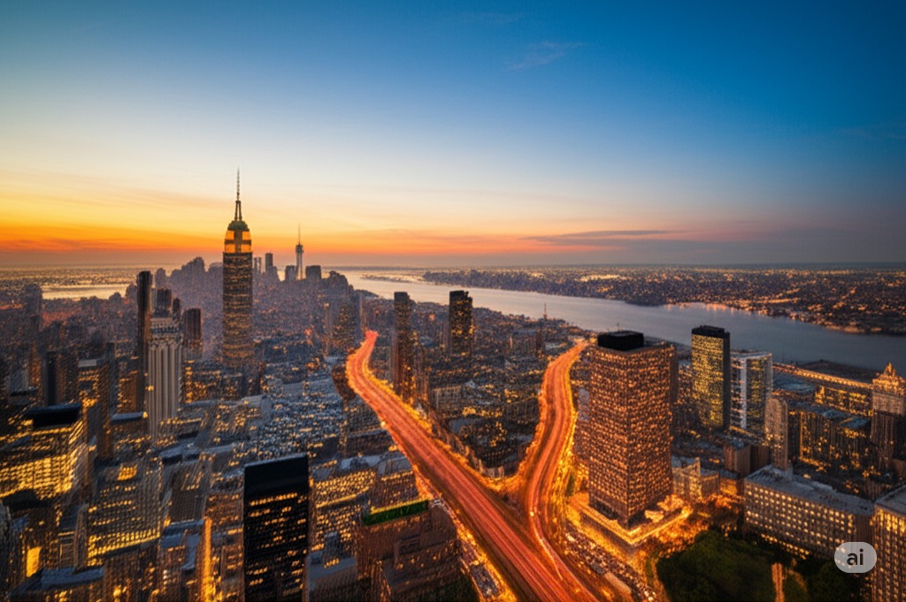 A skyline of a city at night