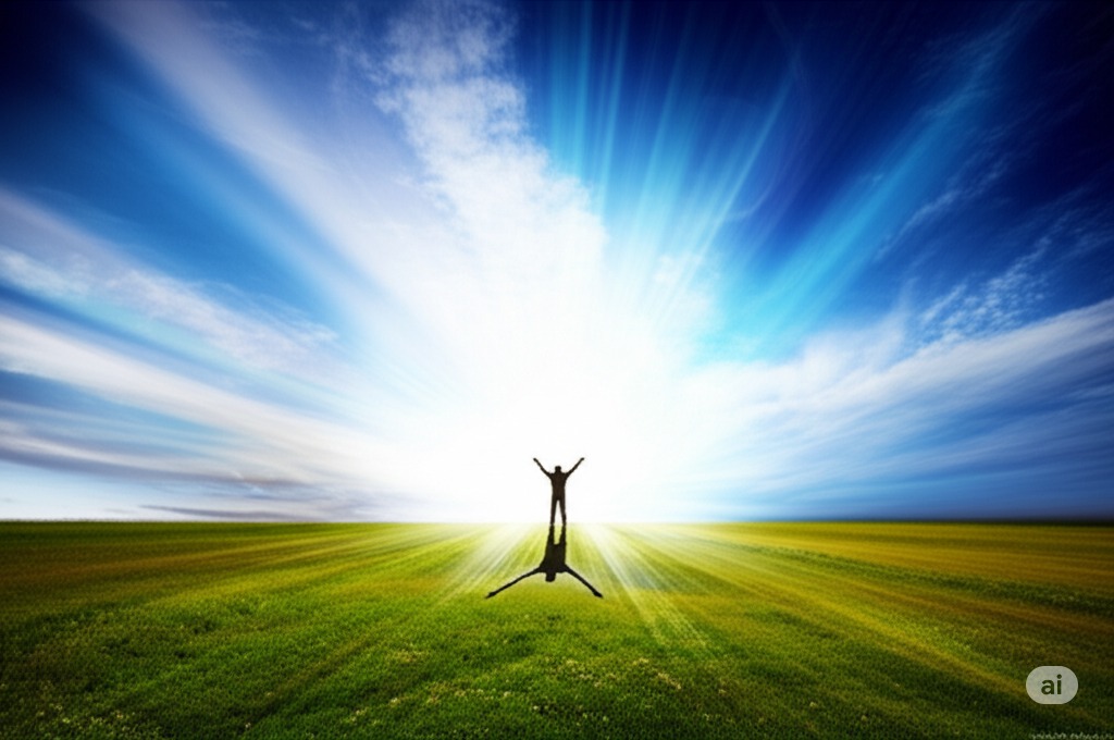 A bright grass field with a shadowy figure surrounded by a bright light