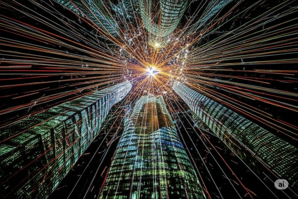 A series of rays in a tunnel with a bright light at the end