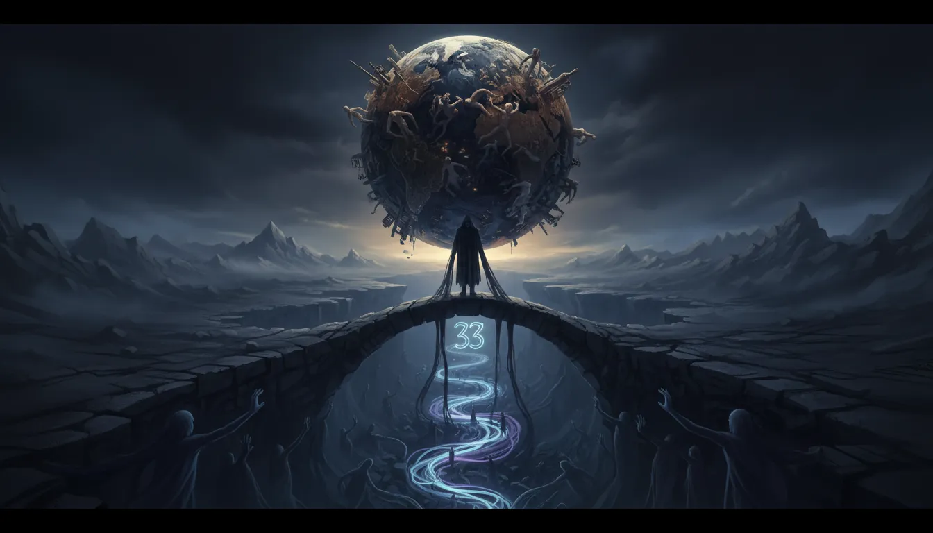 Person struggles under a luminous globe, walking a dark, arduous spiritual journey.