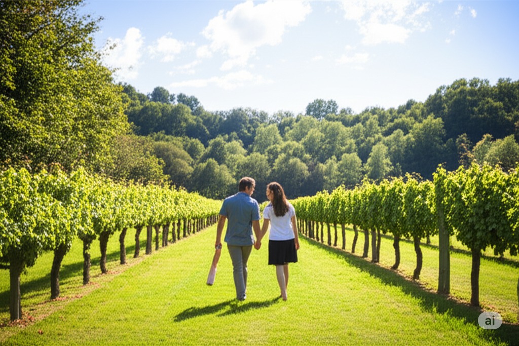 A man and a woman holding hands on a sunny day at a vineyard