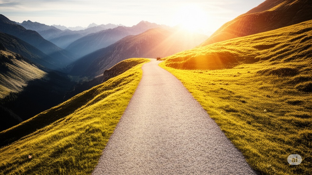 A uphill road in the countryside during a sunrise