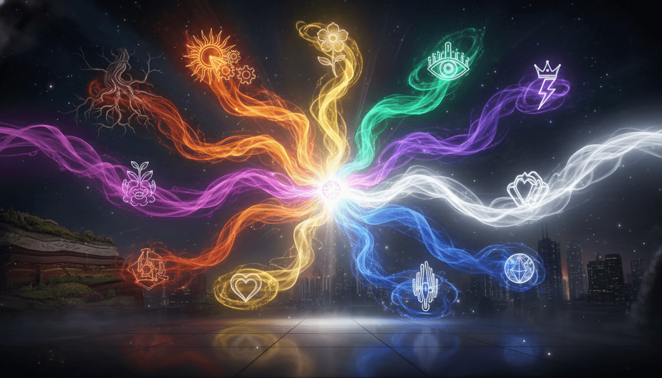 Dynamic visualization of nine distinct energetic vibrational profiles interacting.