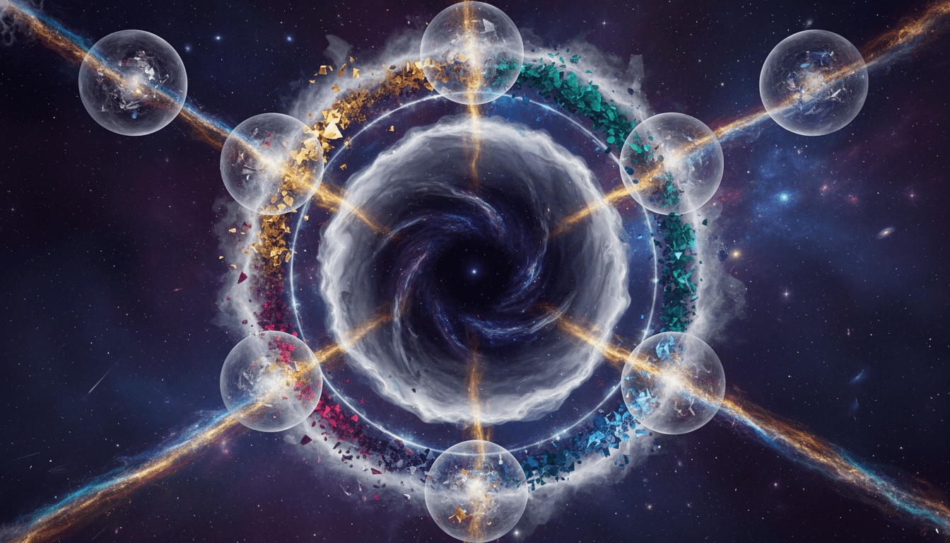 Dark void featuring a central, transforming number five.