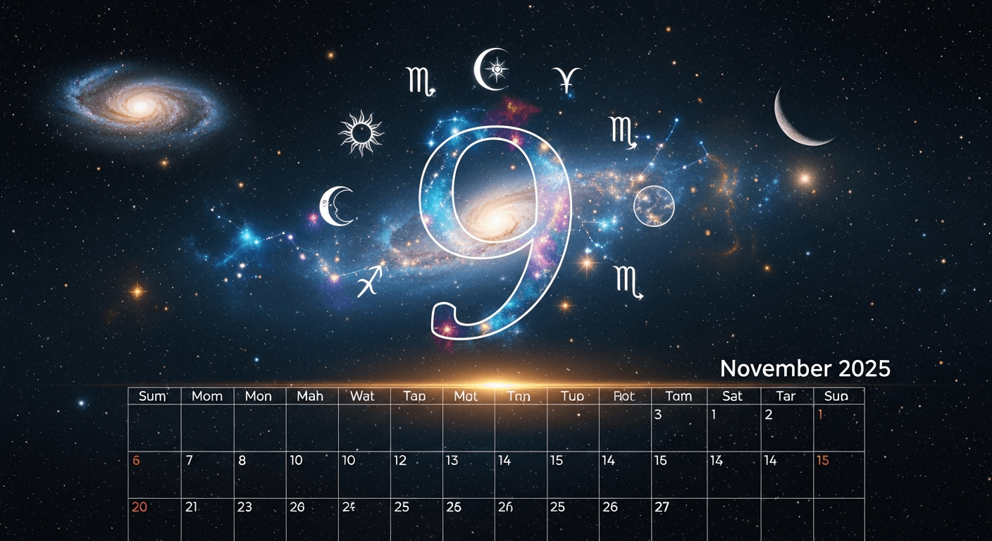 Cosmic-themed November 2025 calendar featuring a prominent number 9 surrounded by zodiac symbols and galaxies in a deep space background.