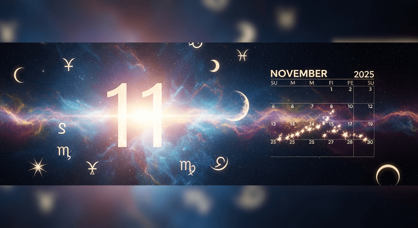 Cosmic-themed November 2025 calendar featuring a large, glowing number 11 surrounded by zodiac symbols and a starry nebula background.