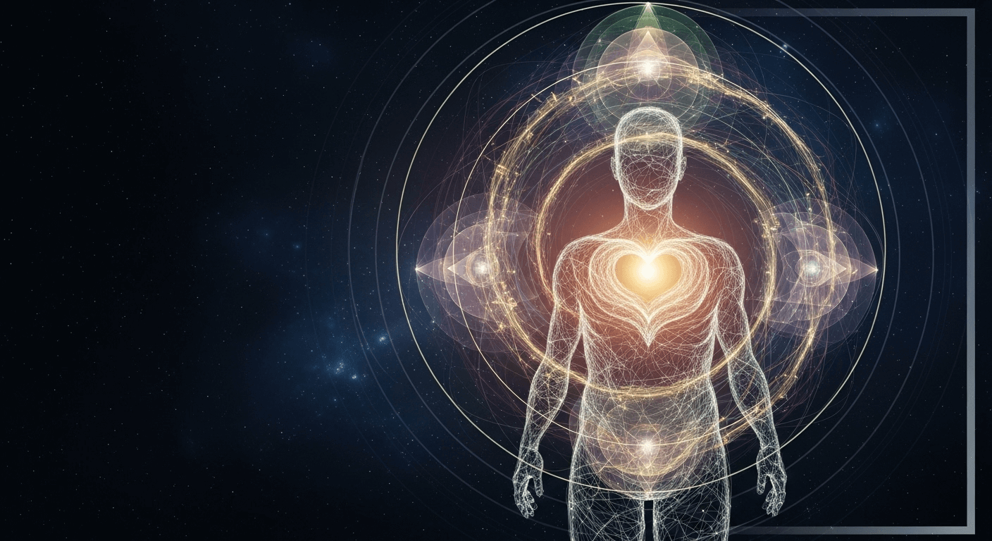 A glowing wireframe human figure stands against a starry cosmic background, surrounded by concentric circles and geometric light patterns, with a bright heart-shaped light emanating from its chest.