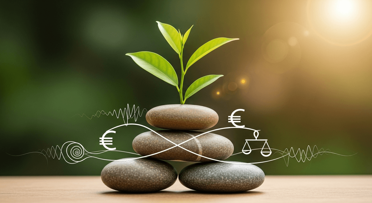 A small green plant sprouts from the top of a stack of three smooth, grey stones, with white line drawings of Euro symbols, sound waves, and a balance scale around them.