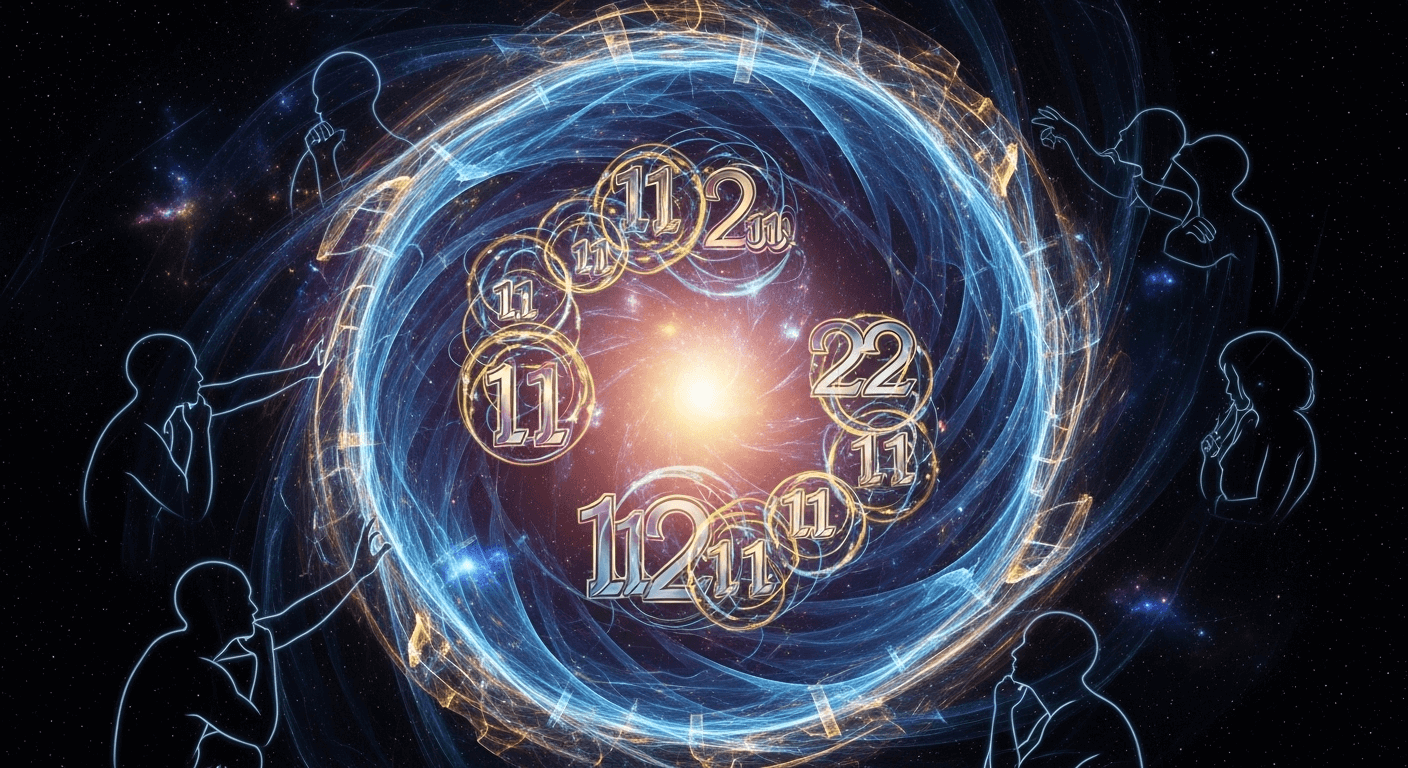 A blue, glowing, circular clock-like design with numbers 11, 12, and 22 in its center, surrounded by outlines of human figures on a dark, star-filled background.