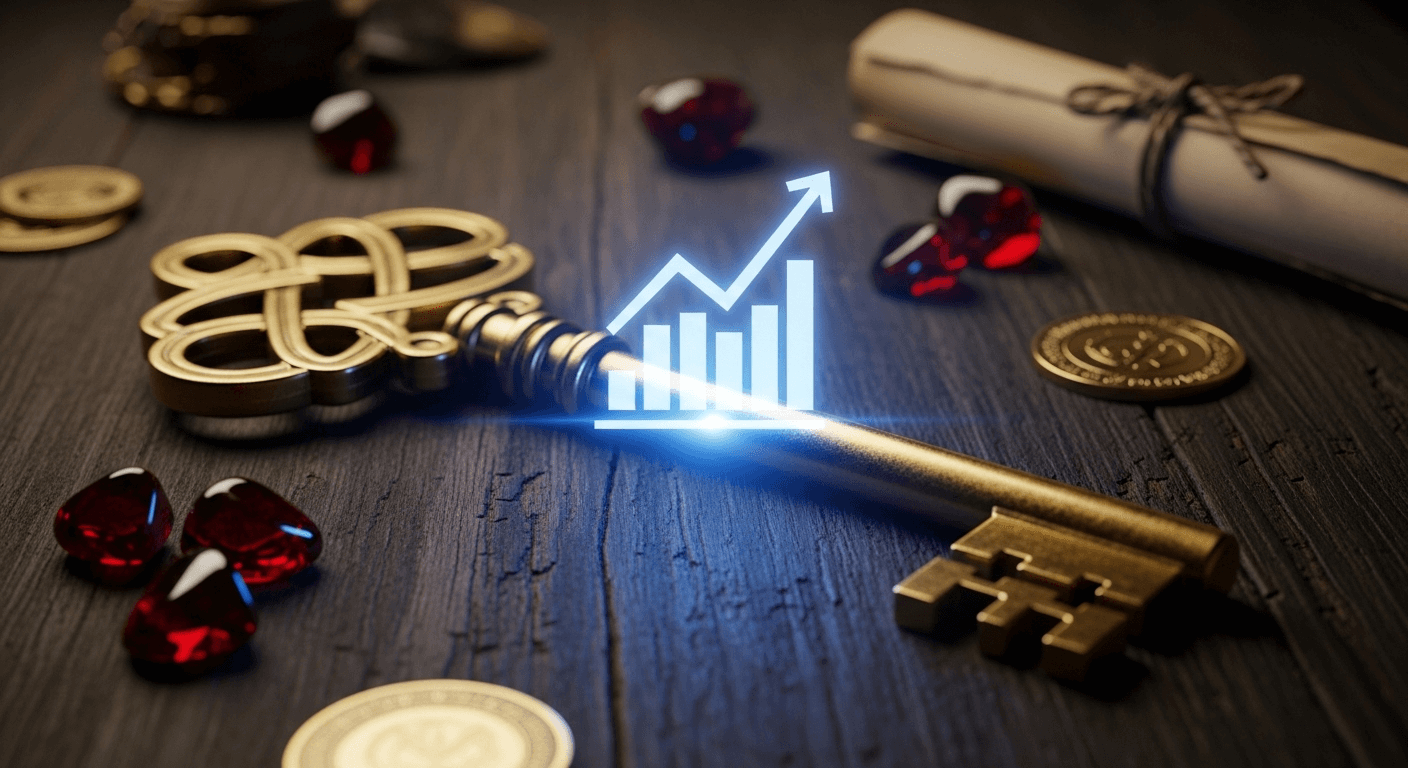 A golden, ornate key with a glowing blue upward-trending graph superimposed on it, surrounded by coins, red gems, and a scroll on a dark wooden surface.