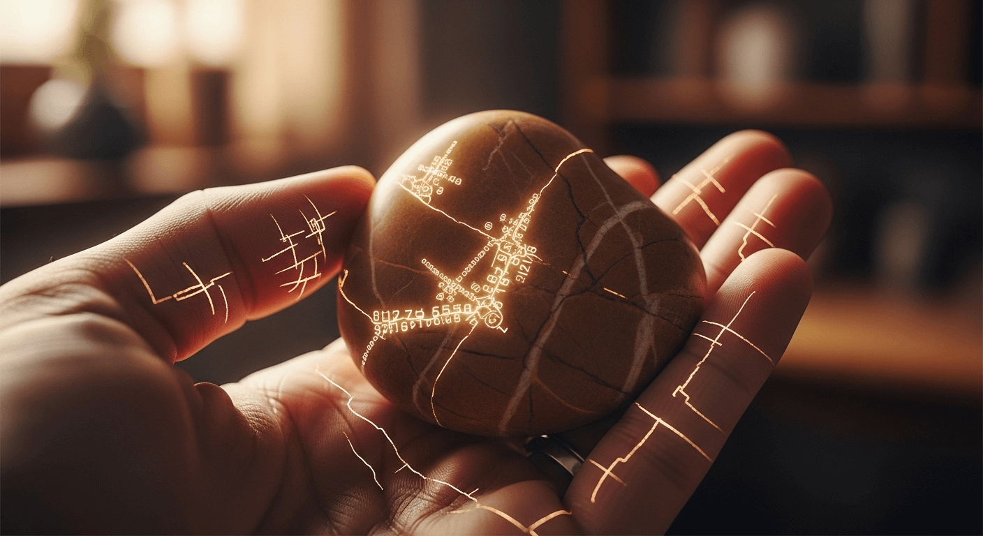 A person holding a broken rock that has golden tears with different symbols, which are also going into their hands