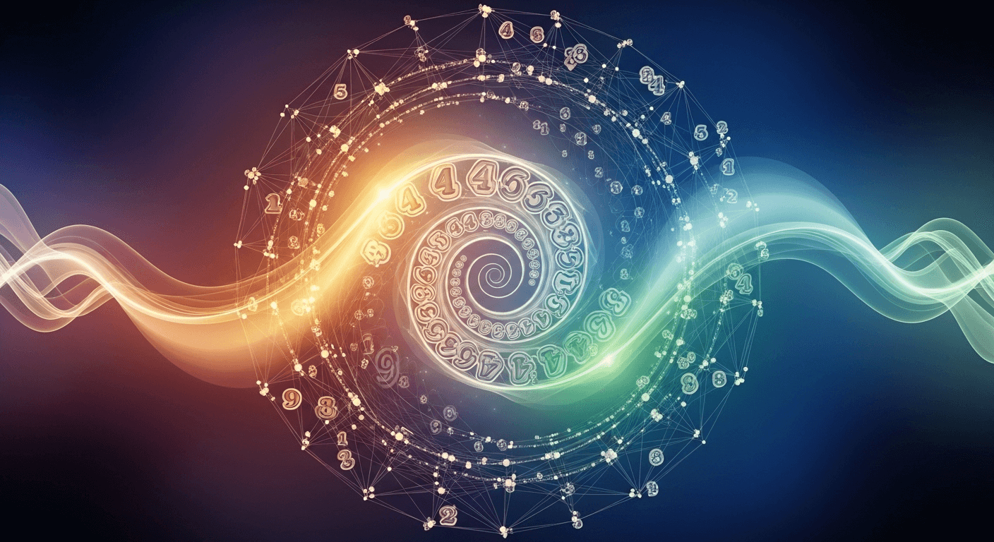 Two cosmic lights converging together, creating a spiral of numbers in different colors