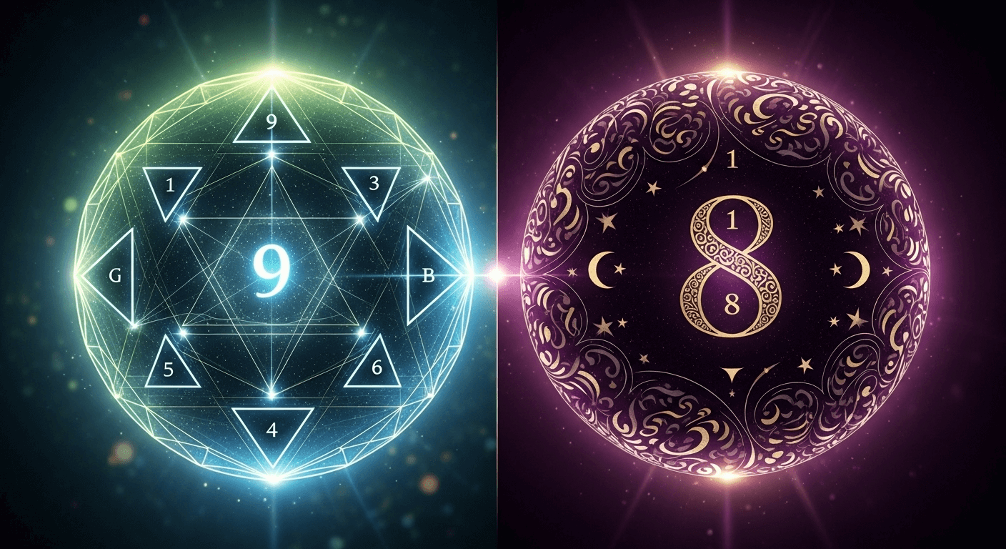 A large neon teal sphere with 9 in the center of the sphere on the left and a maroon sphere with the number 8 on the right