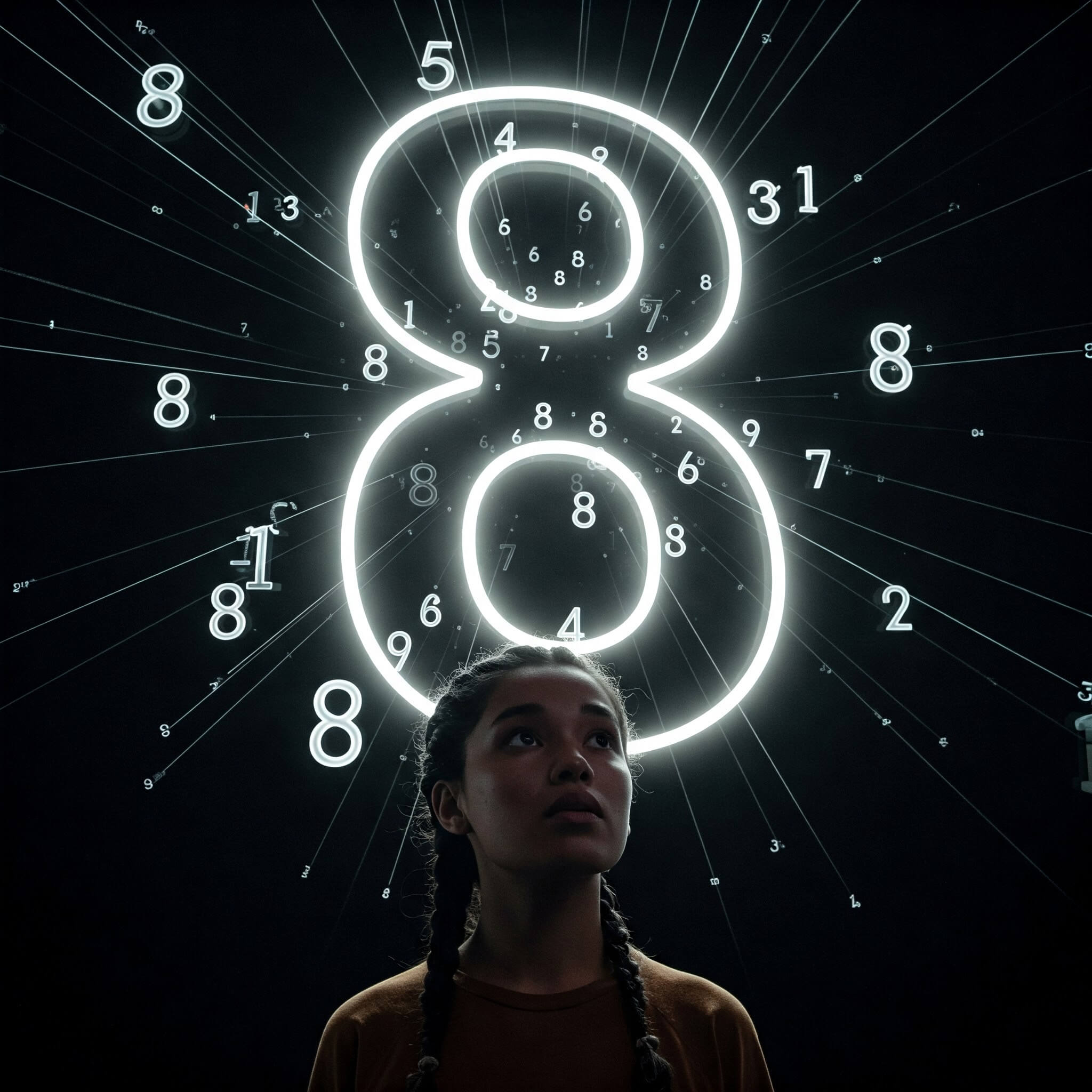 Woman with large 8 behind