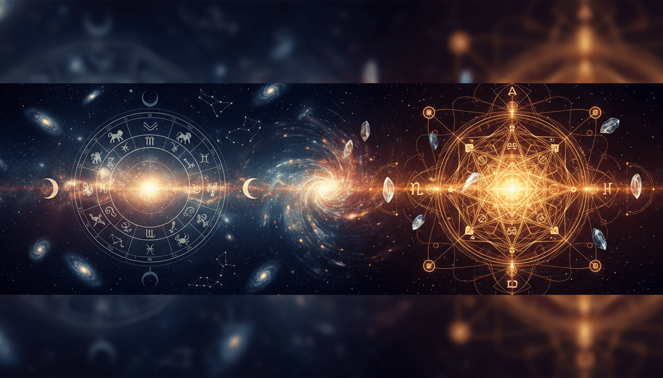 Celestial objects and numerical symbols visually contrasting astrology and numerology.