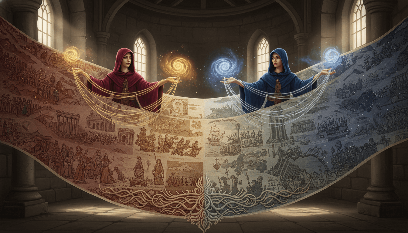 Two sisters weaving a historical tapestry, intertwining threads of fate.