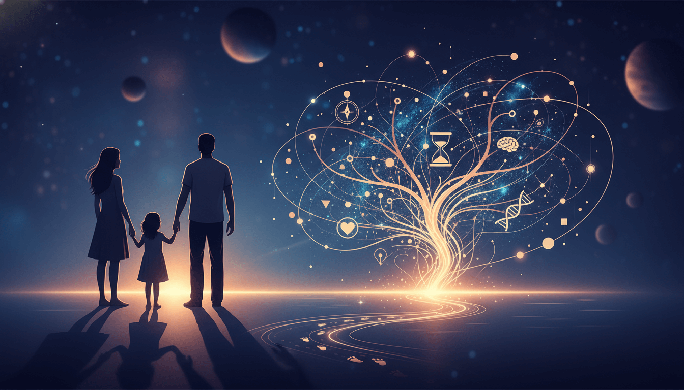 Parents guiding a child along a numbered life path.