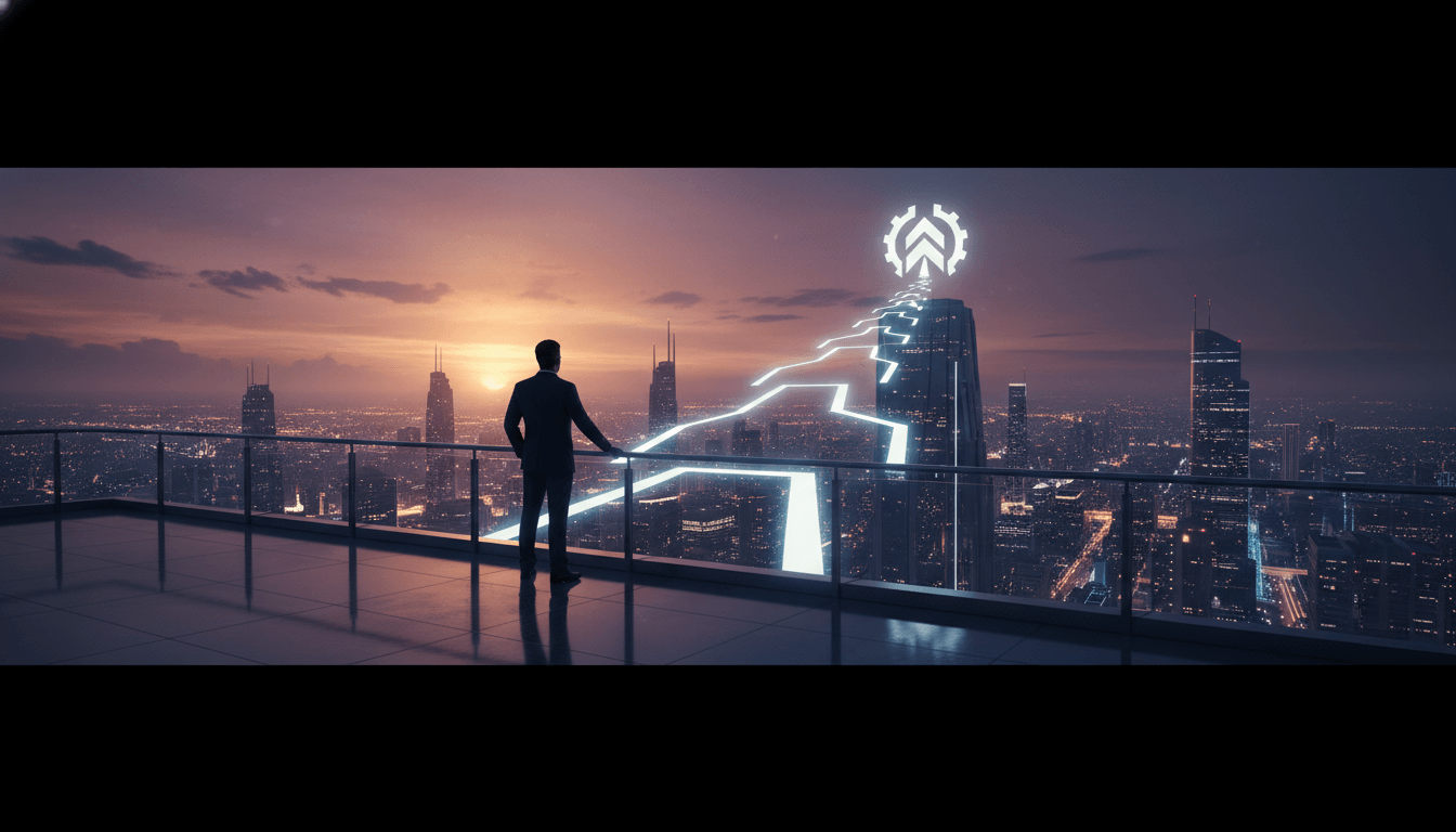 Determined figure ascending a path towards a shimmering peak.