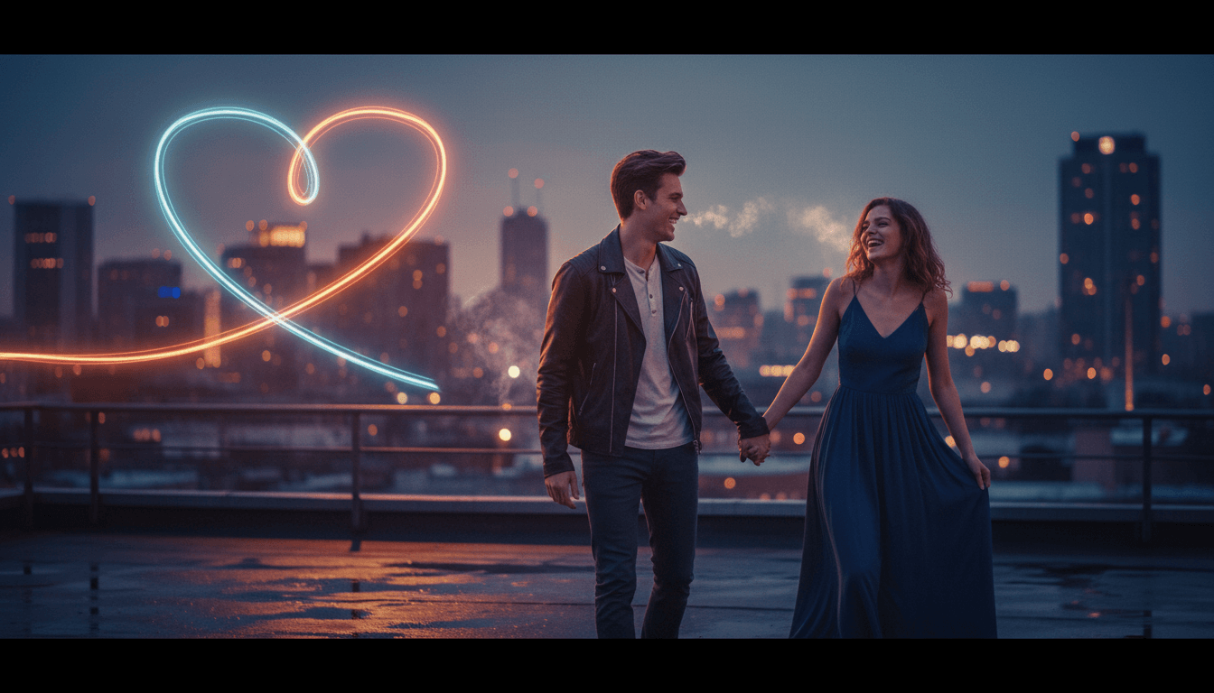 Stylish couple in a loving embrace, soft romantic lighting.