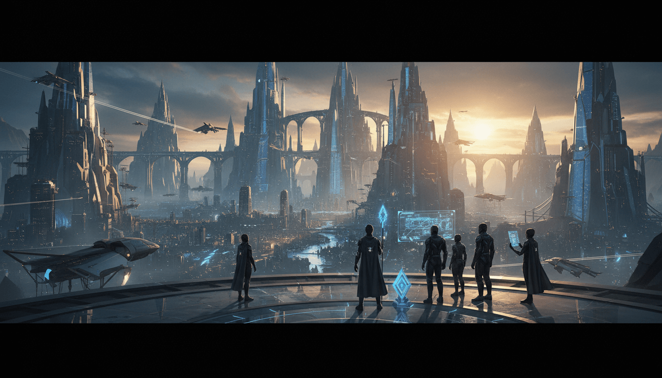 Powerful figures overlooking vast, growing territories, symbolizing empire expansion.