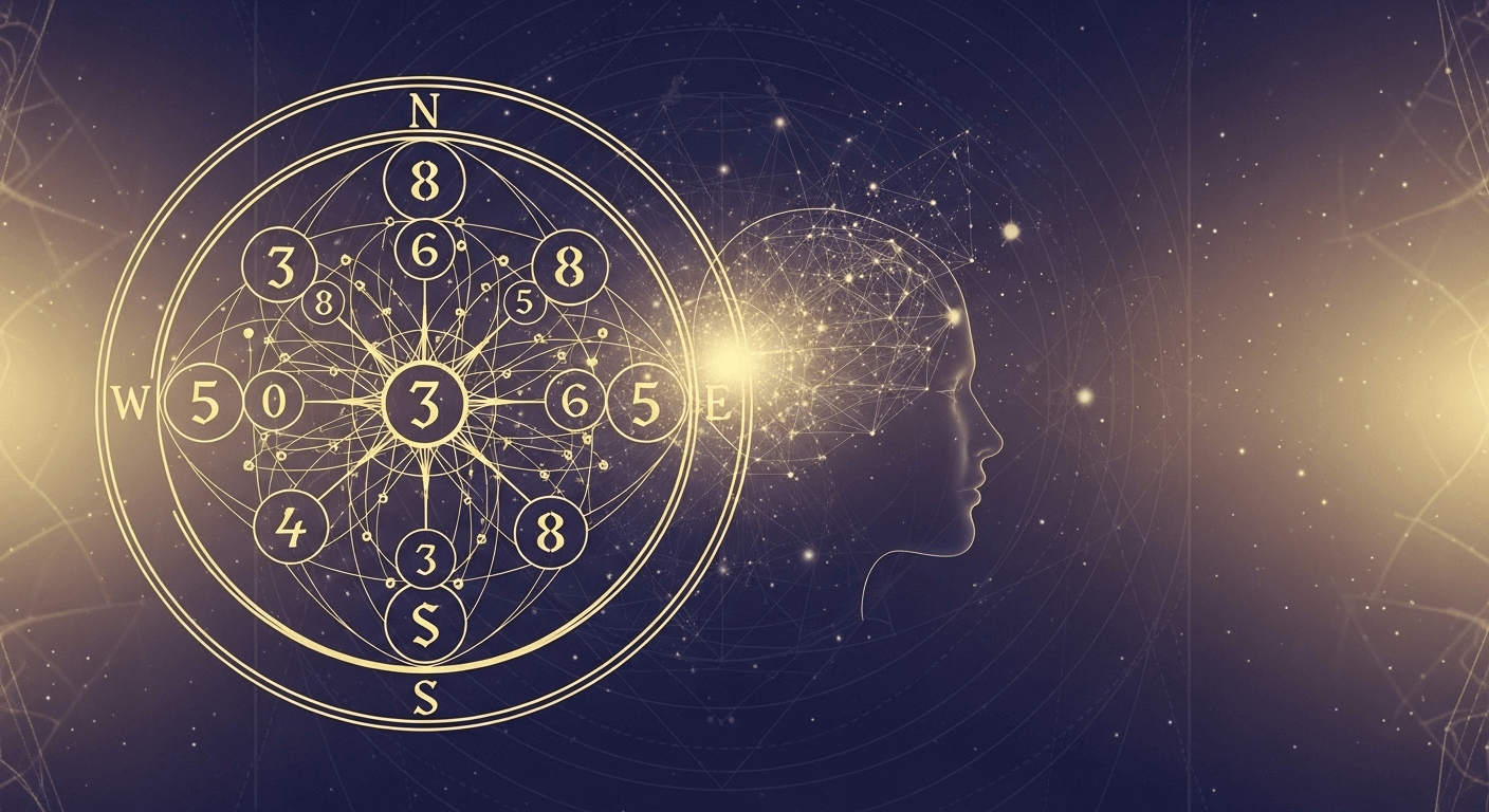 A profile of a human head on the right, with a glowing brain, faces a complex circular diagram filled with numbers and cardinal directions on the left, all against a dark, starry background with light effects on the sides.