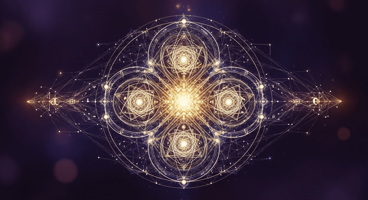 A mesmerizing symmetrical design of glowing gold lines forms intricate circles and geometric patterns, emanating a bright central light against a dark, ethereal background.