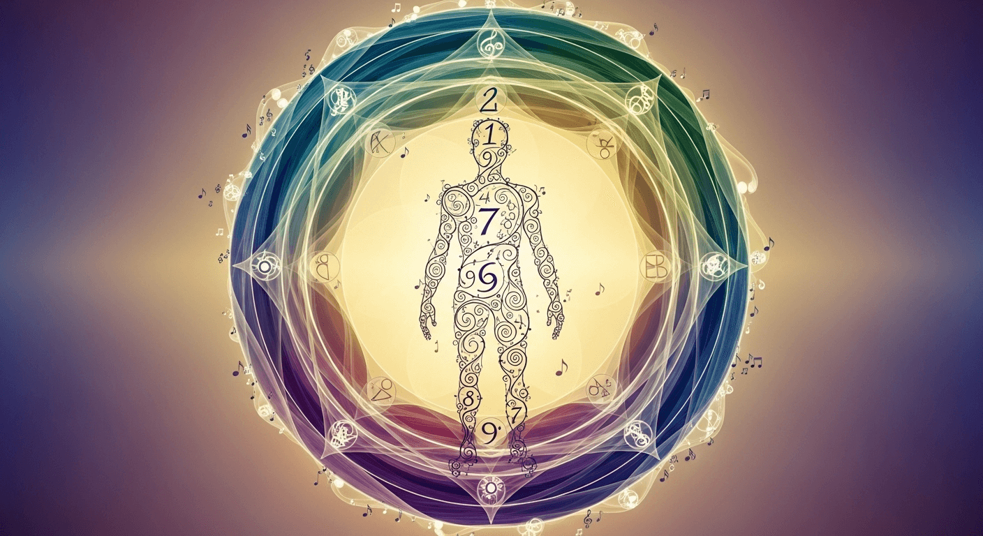 An abstract human figure, filled with swirling patterns and numbers, stands centrally within a series of concentric glowing rings adorned with musical notes and symbols, all against a gradient background.