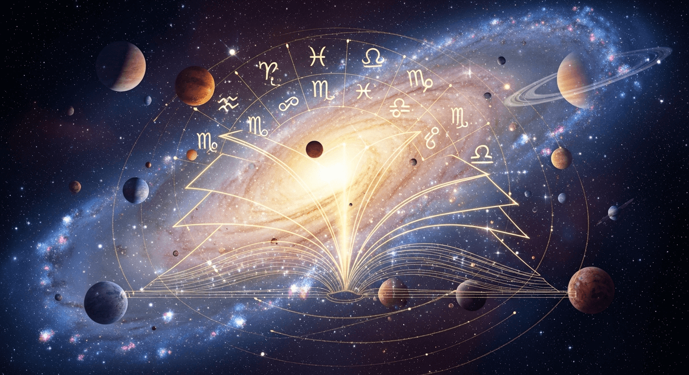 Glowing wireframe of an open book set in deep space, with zodiac signs arching from the pages amidst floating planets and a spiral galaxy.
